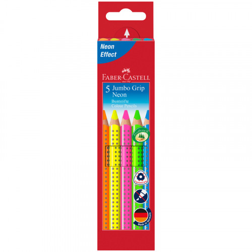 Карандаши цветные Faber-Castell Jumbo Grip Neon, 05цв., неон, трехгр., утолщ., заточ., картон, европодвес