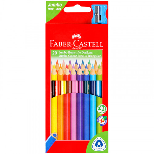 Карандаши цветные Faber-Castell Jumbo 20цв., трехгран., утолщ., заточен., картон, европодвес, с точилкой