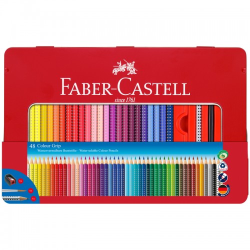 Карандаши цветные Faber-Castell Grip, 48цв., трехгран., заточ.+ч/г кар. Grip+точилка+кисть, метал. коробка