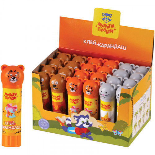 Клей-карандаш Мульти-Пульти Зверята: Бобер, Леопард, Мышь, 09г, колпачок в форме животного, ПВП