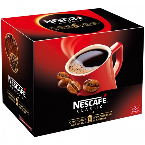 Кофе растворимый Nescafe Classic, гранулированный/порошкообразный, с молотым, порционный, 30 пакетиков*2г, картонная коробка