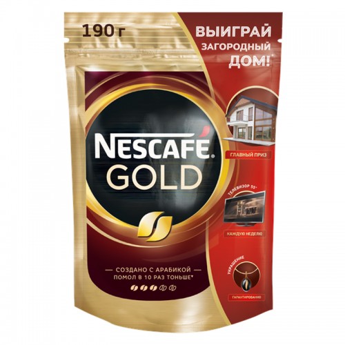 Кофе растворимый Nescafe Gold, сублимированный, с молотым, тонкий помол, мягкая упаковка, 190г