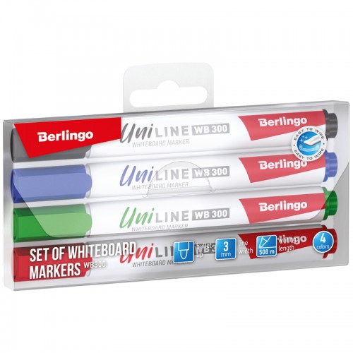 Набор маркеров для белых досок Berlingo Uniline WB300 04цв., пулевидный, 3мм, PET