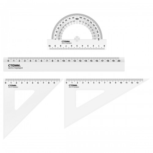Набор чертежный СТАММ, размер M (линейка 20см, 2 треугольника, транспортир), прозрачный, бесцветный, европодвес
