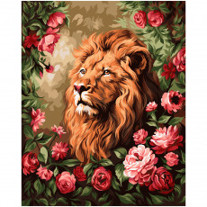 Картина по номерам на холсте ТРИ СОВЫ Царь зверей в цветах, 40*50, с акриловыми красками и кистями