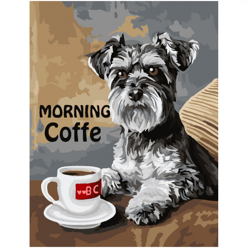 Картина по номерам на холсте ТРИ СОВЫ Шнауцер с кофе, 30*40, с акриловыми красками и кистями