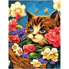 Картина по номерам на холсте ТРИ СОВЫ Котенок в цветочной корзине, 40*50, с акриловыми красками и кистями