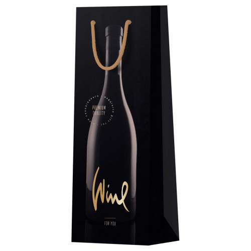Пакет подарочный 12*36*8,5см MESHU Black, матовое ламинирование, отд.фольгой, под бутылку