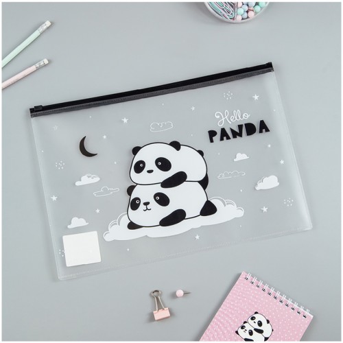 Папка-конверт на zip-молнии MeShu Hello Panda, А4, 150мкм, прозрачная с рисунком