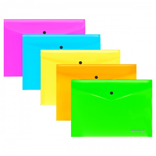 Папка-конверт на кнопке Berlingo Neon А4, 200мкм, ассорти неоновых цветов
