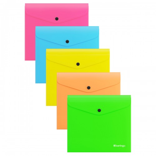 Папка-конверт на кнопке Berlingo Neon А5+, 200мкм, ассорти неоновых цветов