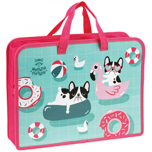 Папка с ручками А4 Мульти-Пульти Happy Pugs, пластик, на молнии, 75мм