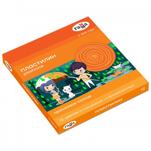 Пластилин Гамма Оранжевое солнце, 12 цветов (6 классич., 6 флуор.), 168г, со стеком. картон. упаковка