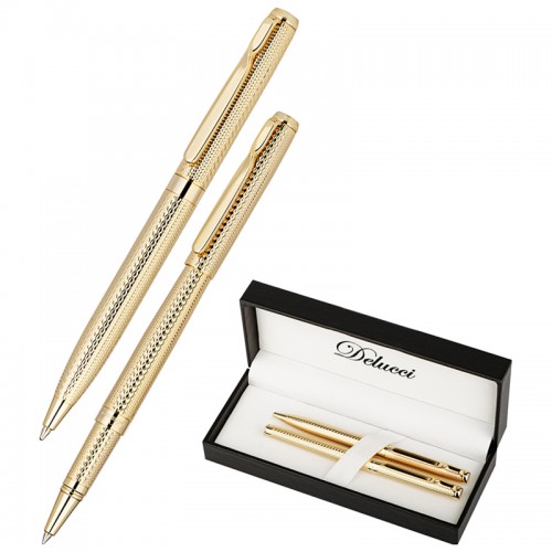 Набор Delucci Celeste: ручка шарик., 1мм и ручка-роллер, 0,6мм, синие, корпус золото, подарочная упаковка