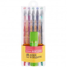 Набор гелевых ручек Crown Hi-Jell Color 05цв., 0,5мм + ПОДАРОК Клей-карандаш Crown Expert 8г, европодвес