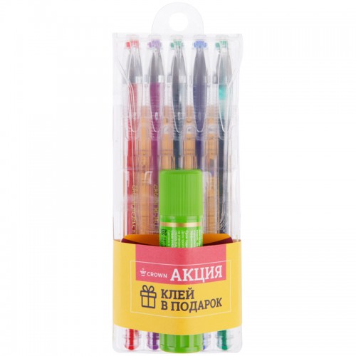 Набор гелевых ручек Crown Hi-Jell Color 05цв., 0,5мм + ПОДАРОК Клей-карандаш Crown Expert 8г, европодвес