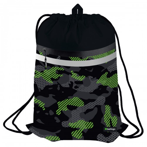 Мешок для обуви 1 отделение Berlingo Black and green, 340*460мм, вентиляционная сеточка, светоотражающая лента, карман на молнии