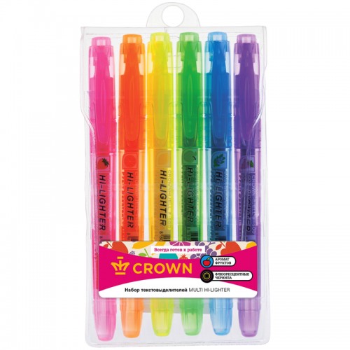 Набор текстовыделителей Crown Multi Hi-Lighter Aroma 06цв., 1-4мм, ароматиз., чехол с европодвесом