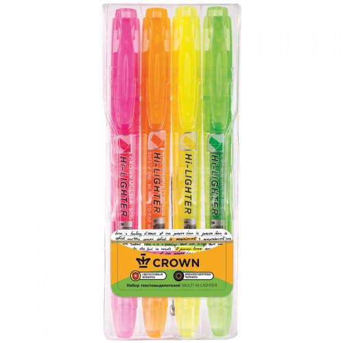 Набор текстовыделителей Crown Multi Hi-Lighter 04цв., 1-4мм, чехол с европодвесом