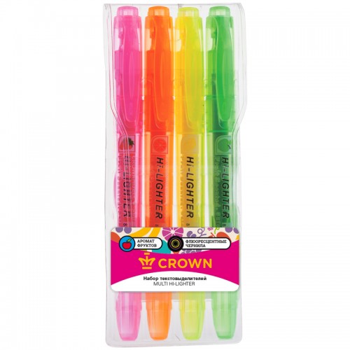 Набор текстовыделителей Crown Multi Hi-Lighter Aroma 04цв., 1-4мм, ароматиз., чехол с европодвесом