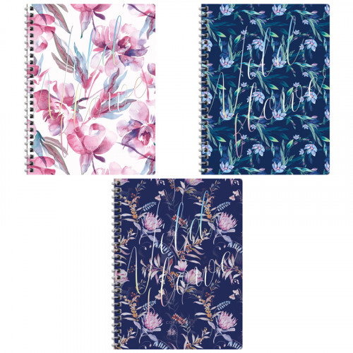 Тетрадь 80л., А5, клетка на гребне GreenwichLine Blue flowers, матовая ламинация, тиснение фольгой, 70г/м2