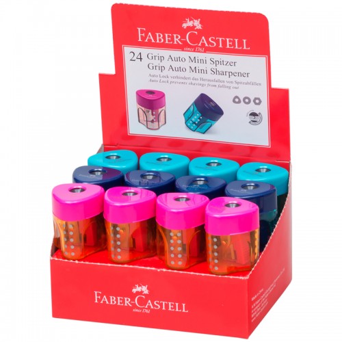 Точилка пластиковая со шторкой Faber-Castell Grip Auto Mini 1 отверстие, контейнер, розовая/бирюзовая/синяя