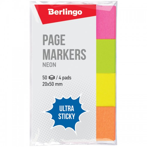 Флажки-закладки Berlingo Ultra Sticky, 20*50мм, 50л*4 неоновых цвета