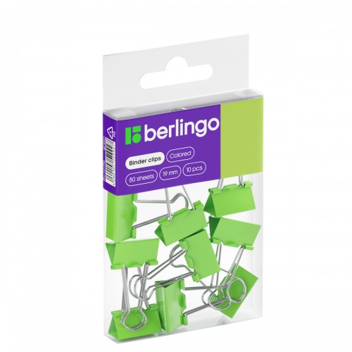 Зажимы для бумаг 19мм, Berlingo, 10шт., цветные, ПВХ упак., европодвес, зеленые