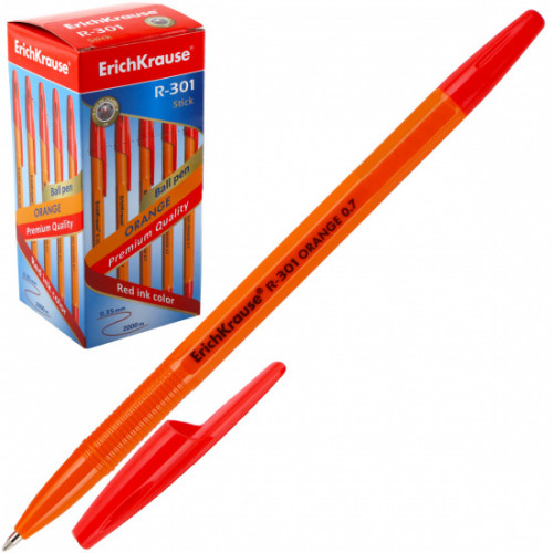 Ручка шариковая ErichKrause R-301 Stick Orange 0.7, цвет чернил красный (в коробке по 50 шт.)