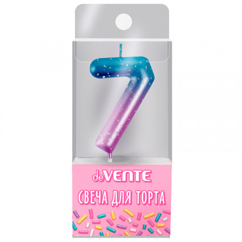 Свеча-цифра для торта "deVENTE. Degrade" 7, свечки 6,0x3,8x0,9 см, высота держателя 2,6 см, с двойным металлическим цветом и напылением с серебряными точками, в пластиковой коробке с подвесом