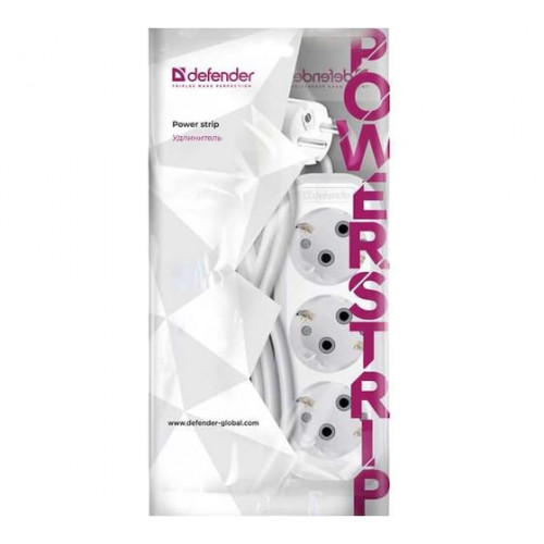 Удлинитель DEFENDER R330 3 гнезда, 1,5 метра, 16А/3500Вт, с заземлением, ПВС 3х1,0мм, белый (1/40)