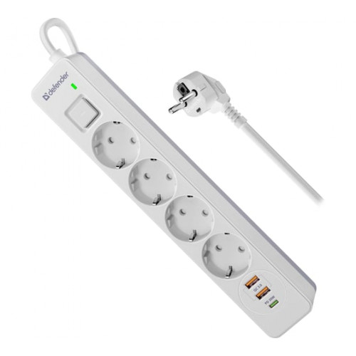 Удлинитель с сетевым фильтром DFS 141 1.5 м,белый,4розетки,USB+TypeC DEFENDER