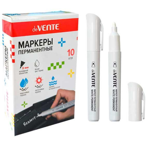 Маркер перманентный "deVENTE" круглый корпус, с клипом, пулевидный наконечник, ширина линии 2 мм, чернила на водной основе, белый