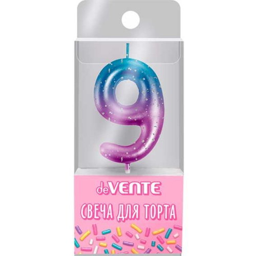 Свеча-цифра для торта "deVENTE. Degrade" 9, свечки 6,0x3,8x0,9 см, высота держателя 2,6 см, с двойным металлическим цветом и напылением с серебряными точками, в пластиковой коробке с подвесом